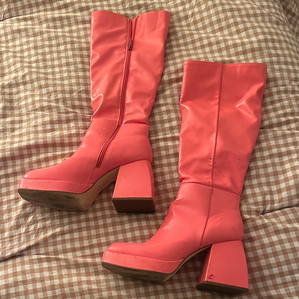 Coral Pink Over-the-Knee Platform Block Heel Boots